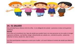14.- EL SALUDO
Esta actividad busca reforzar entre los niños la no obligación de saludar a personas si estas no les generan
confianza.
SALUDA
A los niños se le enseñaran tres tipos de saludo que pueden hacer con esas personas con las cuales no tengan
o generen confianza , sea familiar, amigo o desconocido así, saludo uno , uniendo los puños , saludo dos
estrechar la mano, saludo tres alzar la mano .
Los niños participantes empezaran a correr por el salón y el couch indicara el numero de saludo que deberán
efectuar.
 