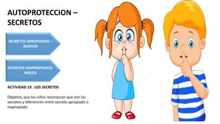 AUTOPROTECCION –
SECRETOS
SECRETOS APROPIADOS –
BUENOS
SECRETOS INAPROPIADOS-
MALOS
ACTIVIDAD 19. LOS SECRETOS
Objetivo, que los niños reconozcan que son los
secretos y diferencien entre secreto apropiado o
inapropiado
 