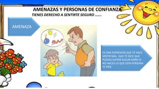 AMENAZAS Y PERSONAS DE CONFIANZA
TIENES DERECHO A SENTIRTE SEGURO …….
AMENAZA
ES UNA EXPRESION QUE TE HACE
SENTIR MAL QUE TE DICE QUE
PUEDES SUFRIR ALGUN DAÑO SI
NO HACES LO QUE ESTA PERSONA
TE PIDE
 