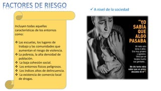 Incluyen todas aquellas
características de los entornos
como:
 Las escuelas, los lugares de
trabajo y las comunidades que
aumentan el riesgo de violencia.
 La pobreza, la alta densidad de
población.
 La baja cohesión social.
 Los entornos físicos peligrosos.
 Los índices altos de delincuencia.
 La existencia de comercio local
de drogas.
 A nivel de la sociedad
 