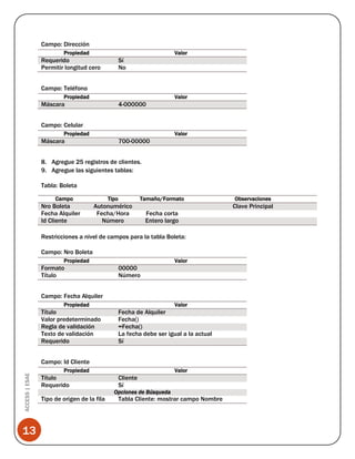 Campo: Dirección
Propiedad

Valor

Requerido
Permitir longitud cero

Sí
No

Campo: Teléfono
Propiedad

Valor

Máscara

4-000000

Campo: Celular
Propiedad

Valor

Máscara

700-00000

8. Agregue 25 registros de clientes.
9. Agregue las siguientes tablas:
Tabla: Boleta
Campo

Nro Boleta
Fecha Alquiler
Id Cliente

Tipo

Tamaño/Formato

Autonumérico
Fecha/Hora
Número

Fecha corta
Entero largo

Restricciones a nivel de campos para la tabla Boleta:
Campo: Nro Boleta
Propiedad

Formato
Título

Valor

00000
Número

Campo: Fecha Alquiler
Propiedad

Título
Valor predeterminado
Regla de validación
Texto de validación
Requerido

Valor

Fecha de Alquiler
Fecha()
=Fecha()
La fecha debe ser igual a la actual
Sí

ACCESS | ESAE

Campo: Id Cliente

13

Propiedad

Título
Requerido

Valor

Cliente
Sí
Opciones de Búsqueda

Tipo de origen de la fila

Observaciones

Clave Principal

Tabla Cliente: mostrar campo Nombre

 
