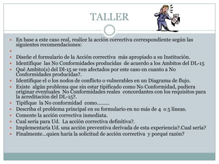 TALLER

 En base a este caso real, realice la acción correctiva correspondiente según las
    siguientes recomendaciones:

 Diseñe el formulario de la Acción correctiva más apropiado a su Institución.
 Identifique las No Conformidades producidas de acuerdo a los Ambitos del DL-15
 Qué Ambito(s) del Dl-15 se ven afectados por este caso en cuanto a No
    Conformidades producidas?.
   Identifique el o los nodos de conflicto o vulnerables en un Diagrama de flujo.
   Existe algún problema que sin estar tipificado como No Conformidad, pudiera
    originar eventuales No Conformidades reales concordantes con los requisitos para
    la acreditación del DL-15?.
   Tipifique la No conformidad como………
   Describa el problema principal en su formulario en no más de 4 o 5 líneas.
   Comente la acción correctiva inmediata.
   Cual sería para Ud. La acción correctiva definitiva?.
   Implementaría Ud. una acción preventiva derivada de esta experiencia?.Cual sería?
   Finalmente…quien haría la solicitud de acción correctiva y porqué razón?
 