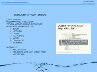 TALLER: ATLAS DIGITAL ESCOLAR CON ARCGIS ONLINE
Isaac Buzo Sánchez
IES San Roque (Badajoz)
ESTRUCTURA Y CONTENIDOS
¿Cómo funciona?
WEB MAPPING APLICACION
TEXTO+VIDEOS+MAPAS+RECURSOS
BARRA DE HERRAMIENTAS:
 ZOOM
 LEYENDA
 CAPAS
 MAPA BASE
 MEDIR
 COMPARTIR
 IMPRIMIR
DETALLES
 ARCLESSONS
 ENLACE AL WEB MAP (LOGIN PARA
MODIFICAR)
 