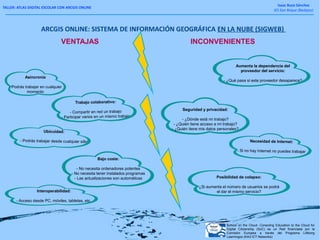 TALLER: ATLAS DIGITAL ESCOLAR CON ARCGIS ONLINE
Isaac Buzo Sánchez
IES San Roque (Badajoz)
ARCGIS ONLINE: SISTEMA DE INFORMACIÓN GEOGRÁFICA EN LA NUBE (SIGWEB)
Bajo coste:
- No necesita ordenadores potentes
- No necesita tener instalados programas
- Las actualizaciones son automáticas
Ubicuidad:
- Podrás trabajar desde cualquier sitio
Trabajo colaborativo:
- Compartir en red un trabajo
- Participar varios en un mismo trabajo
Interoperabilidad:
- Acceso desde PC, móviles, tabletas, etc.
Asincronía
- Podrás trabajar en cualquier
momento
Necesidad de Internet:
- Si no hay Internet no puedes trabajar
Aumenta la dependencia del
proveedor del servicio:
- ¿Qué pasa si este proveedor desaparece?
Posibilidad de colapso:
-¿Si aumenta el número de usuarios se podrá
el dar el mismo servicio?
Seguridad y privacidad:
- ¿Dónde está mi trabajo?
- ¿Quién tiene acceso a mi trabajo?
- ¿Quién tiene mis datos personales?
School on the Cloud- Conecting Education to the Cloud for
Digital Citizenship (SoC) es un Red financiada por la
Comisión Europea a través del Programa Lifelong
Learningoo (KA3 ICT Networks)
VENTAJAS INCONVENIENTES
 