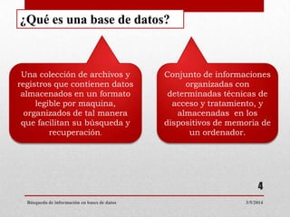 ¿Qué es una base de datos?

Una colección de archivos y
registros que contienen datos
almacenados en un formato
legible por maquina,
organizados de tal manera
que facilitan su búsqueda y
recuperación.

Conjunto de informaciones
organizadas con
determinadas técnicas de
acceso y tratamiento, y
almacenadas en los
dispositivos de memoria de
un ordenador.

4
Búsqueda de información en bases de datos

3/5/2014

 