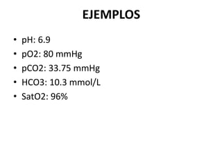 EJEMPLOS
• pH: 6.9
• pO2: 80 mmHg
• pCO2: 33.75 mmHg
• HCO3: 10.3 mmol/L
• SatO2: 96%
 