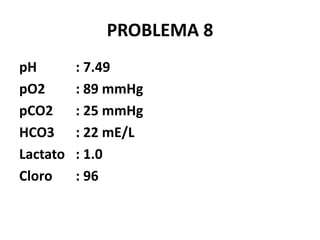PROBLEMA 8
pH : 7.49
pO2 : 89 mmHg
pCO2 : 25 mmHg
HCO3 : 22 mE/L
Lactato : 1.0
Cloro : 96
 