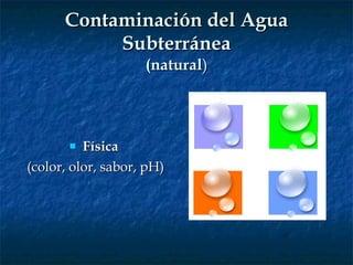 Contaminación del Agua Subterránea (natural ) Física   (color, olor, sabor, pH) 