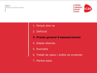 Perquè aliar-seDefinicióProcés general d’assessoramentEtapes aliancesExemplesTreball de casos / anàlisi de projectesMarket place