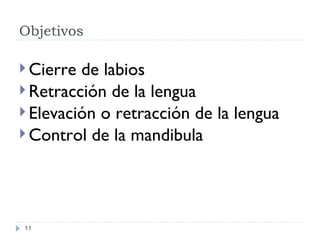 Objetivos Cierre de labios Retracci ón de la lengua Elevación o retracción de la lengua Control de la mandibula 