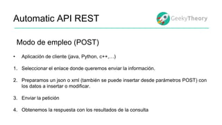 Automatic API REST
Modo de empleo (POST)
• Aplicación de cliente (java, Python, c++,…)
1. Seleccionar el enlace donde quer...