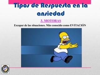 Tipos de Respuesta en la
ansiedad
3. MOTORAS
Escapar de las situaciones. Más conocido como EVITACIÓN
 