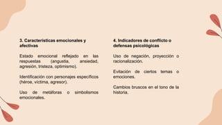 3. Características emocionales y
afectivas
Estado emocional reflejado en las
respuestas (angustia, ansiedad,
agresión, tristeza, optimismo).
Identificación con personajes específicos
(héroe, víctima, agresor).
Uso de metáforas o simbolismos
emocionales.
4. Indicadores de conflicto o
defensas psicológicas
Uso de negación, proyección o
racionalización.
Evitación de ciertos temas o
emociones.
Cambios bruscos en el tono de la
historia.
 