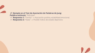 📌 Ejemplo en el Test de Asociación de Palabras de Jung:
Palabra estímulo: "Felicidad"
🔹 Respuesta 1: "Familia" → Asociación positiva, estabilidad emocional.
🔹 Respuesta 2: "Nada" → Posible indicio de estado depresivo.
 