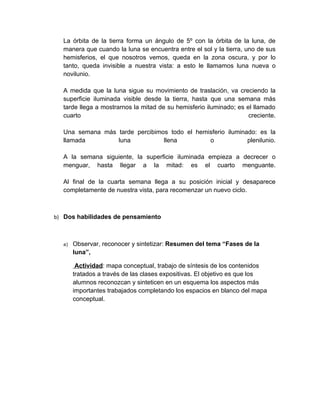 La órbita de la tierra forma un ángulo de 5º con la órbita de la luna, de
  manera que cuando la luna se encuentra entre el sol y la tierra, uno de sus
  hemisferios, el que nosotros vemos, queda en la zona oscura, y por lo
  tanto, queda invisible a nuestra vista: a esto le llamamos luna nueva o
  novilunio.

  A medida que la luna sigue su movimiento de traslación, va creciendo la
  superficie iluminada visible desde la tierra, hasta que una semana más
  tarde llega a mostrarnos la mitad de su hemisferio iluminado; es el llamado
  cuarto                                                            creciente.

  Una semana más tarde percibimos todo el hemisferio iluminado: es la
  llamada        luna           llena         o             plenilunio.

  A la semana siguiente, la superficie iluminada empieza a decrecer o
  menguar, hasta llegar a la mitad: es el cuarto menguante.

  Al final de la cuarta semana llega a su posición inicial y desaparece
  completamente de nuestra vista, para recomenzar un nuevo ciclo.



b) Dos habilidades de pensamiento



  a)   Observar, reconocer y sintetizar: Resumen del tema “Fases de la
       luna”,

        Actividad: mapa conceptual, trabajo de síntesis de los contenidos
       tratados a través de las clases expositivas. El objetivo es que los
       alumnos reconozcan y sinteticen en un esquema los aspectos más
       importantes trabajados completando los espacios en blanco del mapa
       conceptual.
 