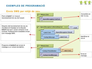 EXEMPLES DE PROGRAMACIÓ
Envia SMS per mitjà de veu.
Prem el botó1 i s’ incia el
reconeixement de veu de l’usuari.

Converteix en
text la veu.

Despré s del reconeixement de veu es
visualitza el missatge en la etiqueta
label1 per que l’ usuari comprovi si es
correcte. Posteriorment s’estableix el text
com missatge SMS.
Identificar el
mó vil.

Programa el botón2 per enviar el
missatge a un nú
mero de telè fon.

Envia el
mensaje.

 