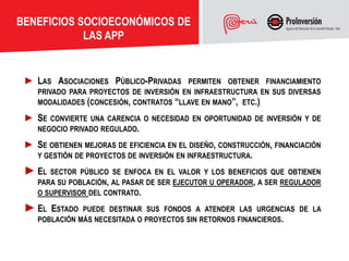BENEFICIOS SOCIOECONÓMICOS DE
            LAS APP


 ► LAS ASOCIACIONES PÚBLICO-PRIVADAS     PERMITEN OBTENER FINANCIAMIEN...