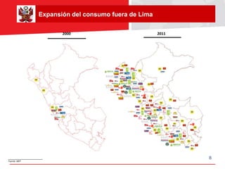 Expansión del consumo fuera de Lima

                        2000                           2011




____________________                                          8
Fuente: MEF
 