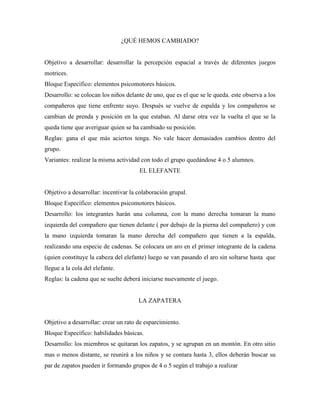¿QUÉ HEMOS CAMBIADO?


Objetivo a desarrollar: desarrollar la percepción espacial a través de diferentes juegos
motrices.
Bloque Específico: elementos psicomotores básicos.
Desarrollo: se colocan los niños delante de uno, que es el que se le queda. este observa a los
compañeros que tiene enfrente suyo. Después se vuelve de espalda y los compañeros se
cambian de prenda y posición en la que estaban. Al darse otra vez la vuelta el que se la
queda tiene que averiguar quien se ha cambiado su posición.
Reglas: gana el que más aciertos tenga. No vale hacer demasiados cambios dentro del
grupo.
Variantes: realizar la misma actividad con todo el grupo quedándose 4 o 5 alumnos.
                                      EL ELEFANTE


Objetivo a desarrollar: incentivar la colaboración grupal.
Bloque Específico: elementos psicomotores básicos.
Desarrollo: los integrantes harán una columna, con la mano derecha tomaran la mano
izquierda del compañero que tienen delante ( por debajo de la pierna del compañero) y con
la mano izquierda tomaran la mano derecha del compañero que tienen a la espalda,
realizando una especie de cadenas. Se colocara un aro en el primer integrante de la cadena
(quien constituye la cabeza del elefante) luego se van pasando el aro sin soltarse hasta que
llegue a la cola del elefante.
Reglas: la cadena que se suelte deberá iniciarse nuevamente el juego.


                                      LA ZAPATERA


Objetivo a desarrollar: crear un rato de esparcimiento.
Bloque Específico: habilidades básicas.
Desarrollo: los miembros se quitaran los zapatos, y se agrupan en un montón. En otro sitio
mas o menos distante, se reunirá a los niños y se contara hasta 3, ellos deberán buscar su
par de zapatos pueden ir formando grupos de 4 o 5 según el trabajo a realizar
 