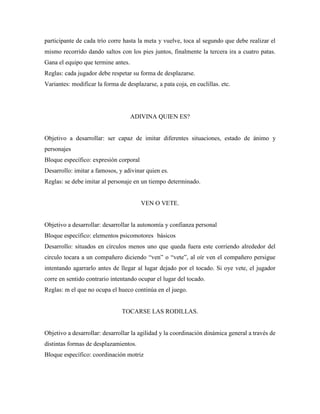 participante de cada trío corre hasta la meta y vuelve, toca al segundo que debe realizar el
mismo recorrido dando saltos con los pies juntos, finalmente la tercera ira a cuatro patas.
Gana el equipo que termine antes.
Reglas: cada jugador debe respetar su forma de desplazarse.
Variantes: modificar la forma de desplazarse, a pata coja, en cuclillas. etc.




                                    ADIVINA QUIEN ES?


Objetivo a desarrollar: ser capaz de imitar diferentes situaciones, estado de ánimo y
personajes
Bloque específico: expresión corporal
Desarrollo: imitar a famosos, y adivinar quien es.
Reglas: se debe imitar al personaje en un tiempo determinado.


                                        VEN O VETE.


Objetivo a desarrollar: desarrollar la autonomía y confianza personal
Bloque específico: elementos psicomotores básicos
Desarrollo: situados en círculos menos uno que queda fuera este corriendo alrededor del
circulo tocara a un compañero diciendo “ven” o “vete”, al oír ven el compañero persigue
intentando agarrarlo antes de llegar al lugar dejado por el tocado. Si oye vete, el jugador
corre en sentido contrario intentando ocupar el lugar del tocado.
Reglas: m el que no ocupa el hueco continúa en el juego.


                                TOCARSE LAS RODILLAS.


Objetivo a desarrollar: desarrollar la agilidad y la coordinación dinámica general a través de
distintas formas de desplazamientos.
Bloque específico: coordinación motriz
 