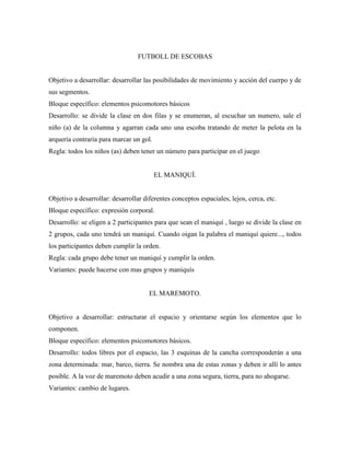 FUTBOLL DE ESCOBAS


Objetivo a desarrollar: desarrollar las posibilidades de movimiento y acción del cuerpo y de
sus segmentos.
Bloque específico: elementos psicomotores básicos
Desarrollo: se divide la clase en dos filas y se enumeran, al escuchar un numero, sale el
niño (a) de la columna y agarran cada uno una escoba tratando de meter la pelota en la
arquería contraria para marcar un gol.
Regla: todos los niños (as) deben tener un número para participar en el juego


                                         EL MANIQUÍ.


Objetivo a desarrollar: desarrollar diferentes conceptos espaciales, lejos, cerca, etc.
Bloque específico: expresión corporal.
Desarrollo: se eligen a 2 participantes para que sean el maniquí , luego se divide la clase en
2 grupos, cada uno tendrá un maniquí. Cuando oigan la palabra el maniquí quiere..., todos
los participantes deben cumplir la orden.
Regla: cada grupo debe tener un maniquí y cumplir la orden.
Variantes: puede hacerse con mas grupos y maniquís


                                      EL MAREMOTO.


Objetivo a desarrollar: estructurar el espacio y orientarse según los elementos que lo
componen.
Bloque específico: elementos psicomotores básicos.
Desarrollo: todos libres por el espacio, las 3 esquinas de la cancha corresponderán a una
zona determinada: mar, barco, tierra. Se nombra una de estas zonas y deben ir allí lo antes
posible. A la voz de maremoto deben acudir a una zona segura, tierra, para no ahogarse.
Variantes: cambio de lugares.
 