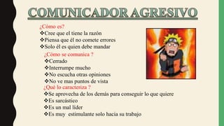 ¿Cómo es?
Cree que el tiene la razón
Piensa que él no comete errores
Solo él es quien debe mandar
¿Cómo se comunica ?
Cerrado
Interrumpe mucho
No escucha otras opiniones
No ve mas puntos de vista
¿Qué lo caracteriza ?
Se aprovecha de los demás para conseguir lo que quiere
Es sarcástico
Es un mal líder
Es muy estimulante solo hacia su trabajo
 