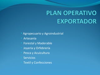 • Agropecuario y Agroindustrial 
• Artesanía 
• Forestal y Maderable 
• Joyería y Orfebrería 
• Pesca y Acuicultura 
• Servicios 
• Textil y Confecciones 
 