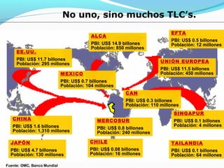 Fuente: OMC, Banco Mundial 
No uno, sino muchos TLC’s. 
EE.UU. 
PBI: US$ 11.7 billones 
Población: 295 millones 
ALCA 
PBI: US$ 14.9 billones 
Población: 850 millones 
MEXICO 
PBI: US$ 0.7 billones 
Población: 104 millones 
EFTA 
PBI: US$ 0.5 billones 
Población: 12 millones 
CAN 
PBI: US$ 0.3 billones 
Población: 110 millones 
MERCOSUR 
PBI: US$ 0.8 billones 
Población: 240 millones 
CHILE 
PBI: US$ 0.08 billones 
Población: 16 millones 
UNIÓN EUROPEA 
PBI: US$ 11.5 billones 
Población: 450 millones 
SINGAPUR 
PBI: US$ 0.1 billones 
Población: 4 millones 
TAILANDIA 
PBI: US$ 0.1 billones 
Población: 64 millones 
CHINA 
PBI: US$ 1.6 billones 
Población: 1,310 millones 
JAPÓN 
PBI: US$ 4.7 billones 
Población: 130 millones 
 