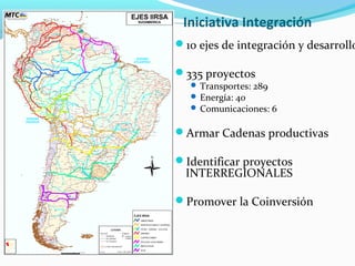 Iniciativa Integración 
10 ejes de integración y desarrollo 
335 proyectos 
Transportes: 289 
Energía: 40 
Comunicaciones: 6 
Armar Cadenas productivas 
Identificar proyectos 
INTERREGIONALES 
Promover la Coinversión 
 
