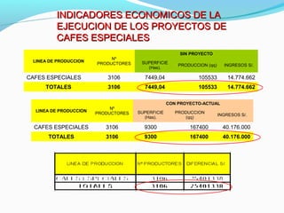 INDICADORES EECCOONNOOMMIICCOOSS DDEE LLAA 
EEJJEECCUUCCIIOONN DDEE LLOOSS PPRROOYYEECCTTOOSS DDEE 
CCAAFFEESS EESSPPEECCIIAALLEESS 
LINEA DE PRODUCCION Nº 
PRODUCTORES 
SIN PROYECTO 
SUPERFICIE 
(Has). PRODUCCION (qq) INGRESOS S/. 
CAFES ESPECIALES 3106 7449,04 105533 14.774.662 
TOTALES 3106 7449,04 105533 14.774.662 
LINEA DE PRODUCCION Nº 
PRODUCTORES 
CON PROYECTO-ACTUAL 
SUPERFICIE 
(Has). 
PRODUCCION 
(qq) INGRESOS S/. 
CAFES ESPECIALES 3106 9300 167400 40.176.000 
TOTALES 3106 9300 167400 40.176.000 
 