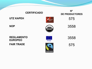 CERTIFICADO Nº 
DE PRODUCTORES 
UTZ KAPEH 575 
NOP 3558 
REGLAMENTO 
EUROPEO 3558 
FAIR TRADE 575 
 