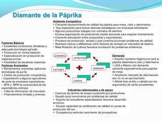Ambiente Competitivo 
+ Creciente reconocimiento de calidad de páprika para mesa, color y olerorresina. 
+ Hay disposición para buscar alianzas estratégicas con empresas extranjeras. 
+ Algunos productores trabajan con contratos de siembra 
- Escasa organización de productores impide asociarse para exportar directamente. 
+ Creciente articulación entre productores y exportadores. 
- Procesos de producción, secado y post cosecha acumulan problemas de calidad. 
- Residuos tóxicos y aflatoxinas como factores de rechazo en mercados de destino. 
- Mala Rotación de cultivos favorece incubación de problemas endémicos. 
ESTR ATEGIA 
DEMA NDA 
CADENA 
GOBIERNO 
FACT ORES 
Factores Básicos 
+ Excelentes condiciones climáticas y 
adecuada tecnología agrícola. 
+ Producción en contra estación. 
+ Especialización en producción de 
materias primas. 
+ Posibilidad de escalonar cosechas. 
Factores Avanzados 
+ Rendimientos crecientes aplicando 
tecnologías de punta. 
+ Costos de producción competitivos. 
- Capacitación a algunos agricultores 
de parte de empresas exportadoras. 
- BPA y BPM es exclusividad de los 
exportadores exitosos. 
- Falta de información de mercados. 
- Financiamiento limitado y oneroso. 
Demanda 
+ España mantiene hegemonía para la 
páprika destinada a color y oleorresina. 
+ USA y México con demanda 
creciente especialmente para páprika 
de mesa. 
+ Amplísimo mercado de oleorresinas, 
aún no no es aprovechado. 
+ Oferta todo el año y calidad son los 
argumentos de venta consistentes. 
Industrias relacionadas y de apoyo 
- Carencia de centros de acopio conducido por productores 
- Secado poco convincente por problemas de calidad. 
+ Soporte de consultores especializados favorece desarrollo 
armónico. 
- Escasa capacidad de certificación de calidad en zonas de 
producción del sur. 
+ Competencia estimula crecimiento de proveedores. 
 