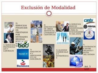Exclusión de Modalidad
1) SERVICIOS
PROFESIONA
LES Y
LABORALES
2)
SERVICIOS
FINANCIER
OS
PRESTADOS
POR
ENTIDADES
REGIDAS
POR LA LEY
SOBRE LA
MATERIA
3)
ADQUISICIÓ
N Y
ARRENDAMIE
NTO DE
INMUEBLES
4)
ADQUISICIÓN
DE OBRAS
ARTÍSTICAS,
LITERARIAS O
CIENTÍFICAS
5) ALIANZAS
COMERCIALE
S Y
ESTRATÉGICA
S
6) SERVICIOS
BÁSICOS
INDISPENSABLE
S PARA EL
FUNCIONAMIEN
TO DEL ENTE
7)
CONTRATACIÓ
N ENTRE
ÓRGANOS Y
ENTES
DEL ESTADO
Art. 5
LCP
 