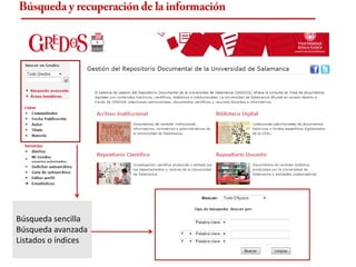 Búsqueda y recuperación de la información




Búsqueda sencilla
Búsqueda avanzada
Listados o índices
 