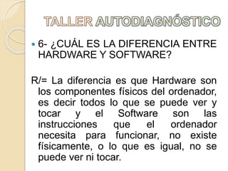  6- ¿CUÁL ES LA DIFERENCIA ENTRE
HARDWARE Y SOFTWARE?
R/= La diferencia es que Hardware son
los componentes físicos del ordenador,
es decir todos lo que se puede ver y
tocar y el Software son las
instrucciones que el ordenador
necesita para funcionar, no existe
físicamente, o lo que es igual, no se
puede ver ni tocar.
 