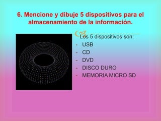 Los 5 dispositivos son:
- USB
- CD
- DVD
- DISCO DURO
- MEMORIA MICRO SD
6. Mencione y dibuje 5 dispositivos para el
almacenamiento de la información.
 