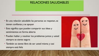 RELACIONES SALUDABLES
• En una relación saludable las personas se respetan, se
tienen confianza y se apoyan
• Esto significa que pueden compartir sus ideas y
sentimientos en forma abierta
• Pueden hablar y resolver los problemas juntos y usted
siempre se siente segura
• También se siente libre de ser usted misma y casi
siempre está feliz
 