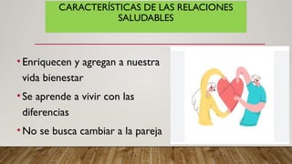 CARACTERÍSTICAS DE LAS RELACIONES
SALUDABLES
•Enriquecen y agregan a nuestra
vida bienestar
•Se aprende a vivir con las
diferencias
•No se busca cambiar a la pareja
 