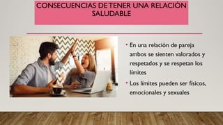 CONSECUENCIAS DE TENER UNA RELACIÓN
SALUDABLE
• En una relación de pareja
ambos se sienten valorados y
respetados y se respetan los
límites
• Los límites pueden ser físicos,
emocionales y sexuales
 