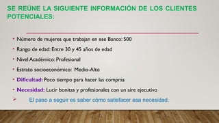 SE REÚNE LA SIGUIENTE INFORMACIÓN DE LOS CLIENTES
POTENCIALES:
• Número de mujeres que trabajan en ese Banco: 500
• Rango de edad: Entre 30 y 45 años de edad
• Nivel Académico: Profesional
• Estrato socioeconómico: Medio-Alto
• Dificultad: Poco tiempo para hacer las compras
• Necesidad: Lucir bonitas y profesionales con un aire ejecutivo
 El paso a seguir es saber cómo satisfacer esa necesidad.
 