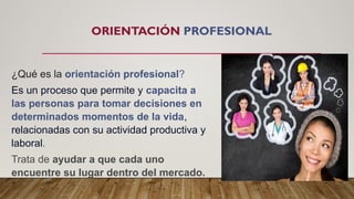 ORIENTACIÓN PROFESIONAL
¿Qué es la orientación profesional?
Es un proceso que permite y capacita a
las personas para tomar decisiones en
determinados momentos de la vida,
relacionadas con su actividad productiva y
laboral.
Trata de ayudar a que cada uno
encuentre su lugar dentro del mercado.
 