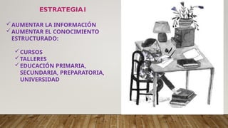 ESTRATEGIA1
AUMENTAR LA INFORMACIÓN
AUMENTAR EL CONOCIMIENTO
ESTRUCTURADO:
CURSOS
TALLERES
EDUCACIÓN PRIMARIA,
SECUNDARIA, PREPARATORIA,
UNIVERSIDAD
 