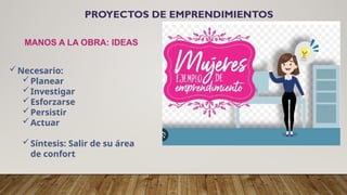 PROYECTOS DE EMPRENDIMIENTOS
MANOS A LA OBRA: IDEAS
Necesario:
Planear
Investigar
Esforzarse
Persistir
Actuar
Síntesis: Salir de su área
de confort
 