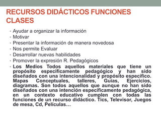RECURSOS DIDÁCTICOS FUNCIONES
CLASES
• Ayudar a organizar la información
• Motivar
• Presentar la información de manera novedosa
• Nos permite Evaluar
• Desarrollar nuevas habilidades
• Promover la expresión R. Pedagógicos
• Los Medios Todos aquellos materiales que tiene un
propósito específicamente pedagógico y han sido
diseñados con una intencionalidad y propósito específico.
Mapas Conceptuales, talleres, Guías, Ejercicios,
diagramas. Son todos aquellos que aunque no han sido
diseñados con una intención específicamente pedagógica,
en un contexto educativo cumplen con todas las
funciones de un recurso didáctico. Tics, Televisor, Juegos
de mesa, Cd, Películas…
 