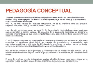 PEDAGOGÍA CONCEPTUAL
Tiene en común con las didácticas contemporáneas esta didáctica se ha dedicado por
muchos años a comprender las estructuras de aprendizaje de los niños y la forma como
estas cambian con el tiempo.
Para PC lo más valioso de nuestros estudiantes no es su memoria sino los procesos
cognoscitivos y afectivos, y de nuestros docCONCEPTUAL
entes lo más importante no es su almacén de datos sino la capacidad que posee cada uno
para desarrollar la mente humana. El propósito de la pedagogía conceptual es preparar a
nuestros estudiantes para que sean competentes en una sociedad que basa su productividad
en el conocimiento.
El perfil del estudiante en esta pedagogía se basa de tres dimensiones: intelectual, afectiva y
expresiva; el estudiante debe lograr ser creador de conocimiento, emprendedor, con
convicciones políticas y religiosas. La PC aborda la enseñanza de valores desde su inicio;
primero los sentimientos, sigue las actitudes y por ultimo los valores.
Para el docente enseñar es su prioridad y se convierte en un modelo de ser humano. En el
momento que el docente se para frente al grupo y comienza a orientarlos, se convierte en un
modelo.
El lema del profesor en esta pedagogía es no pisar el salón sin tener claro que es lo que se va
a enseñar ya sea un valor, una destreza o enseñar un instrumento de conocimiento.
 