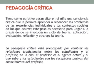 PEDAGOGÍA CRÍTICA
Tiene como objetivo desarrollar en el niño una conciencia
crítica que le permita aprender a reconocer los problemas
de las experiencias individuales y los contextos sociales
en los que ocurre; este paso es necesario para llegar a la
praxis donde se involucra un ciclo de teoría, aplicación,
evaluación, reflexión y otra vez la teoría.
La pedagogía crítica está preocupada por cambiar las
relaciones tradicionales entre los estudiantes y el
profesor, en la cual el profesor es el agente activo y el
que sabe y los estudiantes son los receptores pasivos del
conocimiento del profesor.
 