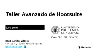 Julio 2016
Taller Avanzado de Hootsuite
Embajador y Solution Partner Hootsuite
@davidmcalduch
David Martinez Calduch
 