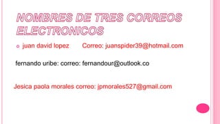  juan david lopez Correo: juanspider39@hotmail.com
fernando uribe: correo: fernandour@outlook.co
Jesica paola morales correo: jpmorales527@gmail.com
 