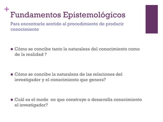 +
Fundamentos Epistemológicos
 Cómo se concibe tanto la naturaleza del conocimiento como
de la realidad ?
 Cómo se concibe la naturaleza de las relaciones del
investigador y el conocimiento que genera?
 Cuál es el modo en que construye o desarrolla conocimiento
el investigador?
Para encontrarle sentido al procedimiento de producir
conocimiento
 