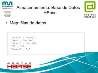 Almacenamiento: NoSQL (Not
Only SQL)
Tipo Descripción Ejemplo
Clave-
Valor
Cada elemento tiene una
clave y su valor asociado.
emcached
Familias
de
Columnas
Para consultas sobre grandes
conjuntos de datos. Enfoque
en columnas no en filas
Document
os
Empareja una clave con una
estructura de datos o
documento.
Grafos
Guarda nodos y sus
relaciones. RRSS,
estructuras de redes,…
http://db-engines.com/en/ranking/
 